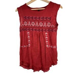 Cupio Women's S Red Mesh Embroidered Raw Hem Sleeveless Boho Top *
